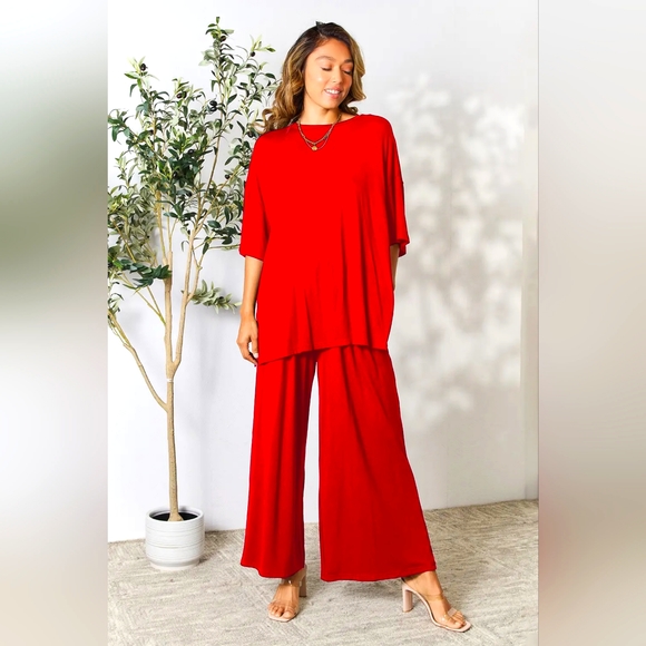 Double Take Full Size Texture Round Neck Short Sleeve Top and Pants Set